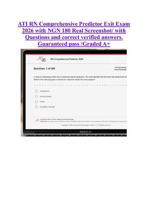 Preview of ATI RN Comprehensive Predictor Exit Exam  2026 with NGN 180 Real Screenshot/ with  Questions and correct verified answers.  Guaranteed pass /Graded A+
