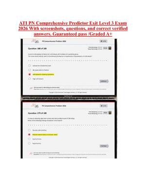 Preview of ATI PN Comprehensive Predictor Exit Level 3 Exam  2026 With screenshots, questions, and correct verified  answers. Guaranteed pass /Graded A+