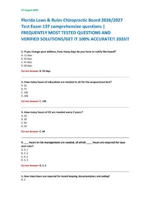 Preview of Florida Laws & Rules Chiropractic Board 2026/2027  Test Exam 137 comprehensive questions |