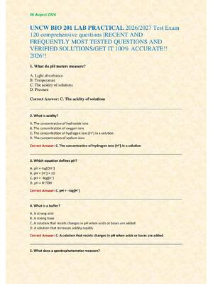 Preview of UNCW BIO 201 LAB PRACTICAL 2026/2027 Test Exam  120 comprehensive questions |RECENT AND  F