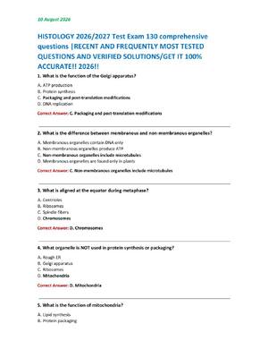 Preview of HISTOLOGY 2026/2027 Test Exam 130 comprehensive  questions |RECENT AND FREQUENTLY MOST TES