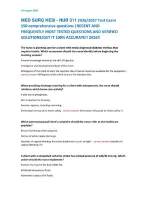 Preview of MED SURG HESI - NUR 311 2026/2027 Test Exam  150 comprehensive questions |RECENT AND  FREQ