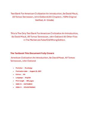 Preview of Test Bank For American Civilization An Introduction, 8th Edition By David Mauk, Alf Tomas