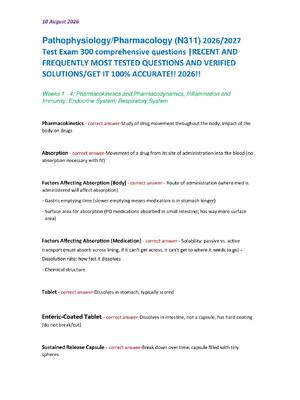 Preview image for Pathophysiology/Pharmacology (N311) 2026/2027  Test Exam 300 comprehensive questions |RECENT AND  FREQUENTLY MOST TESTED QUESTIONS AND VERIFIED  SOLUTIONS/GET IT 100% ACCURATE!! 2026!!