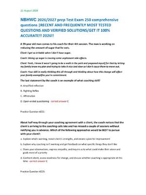 Preview image for NBHWC 2026/2027 prep Test Exam 250 comprehensive  questions |RECENT AND FREQUENTLY MOST TESTED  QUESTIONS AND VERIFIED SOLUTIONS/GET IT 100%  ACCURATE!! 2026!!