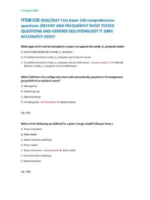 Preview image for ITSM CIS 2026/2027 Test Exam 190 comprehensive  questions |RECENT AND FREQUENTLY MOST TESTED  QUESTIONS AND VERIFIED SOLUTIONS/GET IT 100%  ACCURATE!! 2026!!