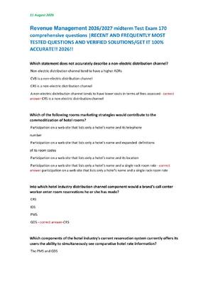 Preview image for Revenue Management 2026/2027 midterm Test Exam 170  comprehensive questions |RECENT AND FREQUENTLY MOST  TESTED QUESTIONS AND VERIFIED SOLUTIONS/GET IT 100%  ACCURATE!! 2026!!
