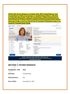 Preview image for NR 601 Ella West i-Human Case Study 2026–2027 | Adult Primary Care  Comprehensive Clinical Assessment | Complete Patient History, Physical  Examination, Diagnostic Testing & Interpretation, Differential Diagnosis,  Final Diagnosis, Evidence-Based Treatment and Management Plans, Patient  Education, Follow-Up Care, SOAP Note & Detailed Clinical Reasoning Case  Analysis | Updated Study Guide