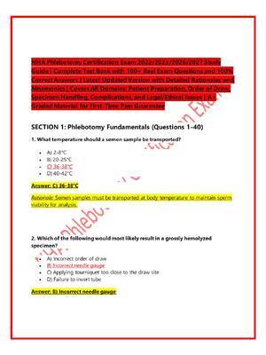 Preview image for NHA Phlebotomy Certification Exam 2022/2023/2026/2027 Study  Guide | Complete Test Bank with 100+ Real Exam Questions and 100%  Correct Answers | Latest Updated Version with Detailed Rationales and  Mnemonics | Covers All Domains: Patient Preparation, Order of Draw,  Specimen Handling, Complications, and Legal/Ethical Issues | A+  Graded Material for First-Time Pass Guarantee