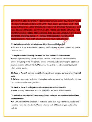 Preview image for CDW110v Caboodle Data Model Fundamentals Exam 2023 Study Guide  | Complete Question Bank with 300+ Real Exam Questions and 100%  Correct Answers | Latest Updated Version with Detailed Rationales and  Real-World Scenarios | Covers All Core Topics: Caboodle Schema, Fact  and Dimension Tables, Star Schemas, SQL Queries, Analytics Use Cases,  and Data Integrity Rules | A+ Graded Material for Healthcare IT  Professionals | Pass with Confidence on Your First Attempt