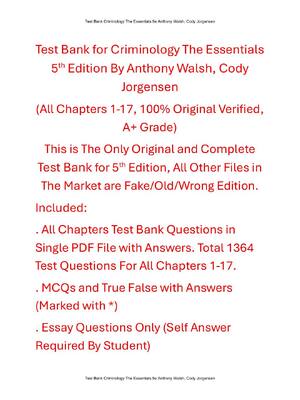 Preview of Test Bank For Criminology The Essentials 5th Edition By Anthony Walsh, Cody Jorgensen