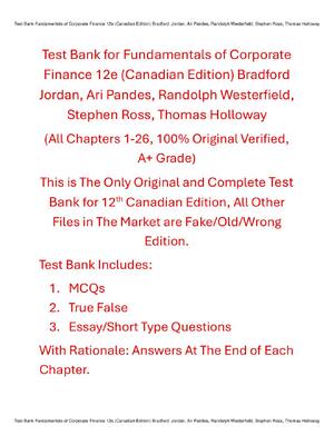 Preview of Test Bank for Fundamentals of Corporate Finance 12th (Canadian Edition) By Bradford Jordan