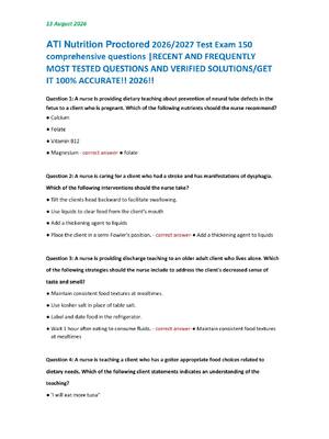 Preview of ATI Nutrition Proctored 2026/2027 Test Exam 150  comprehensive questions |RECENT AND FREQU