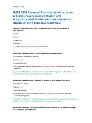 Preview image for NURS 7430 Advanced Pharm 2026/2027 Test Exam  130 comprehensive questions |RECENT AND  FREQUENTLY MOST TESTED QUESTIONS AND VERIFIED  SOLUTIONS/GET IT 100% ACCURATE!! 2026!!