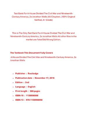 Preview of Test Bank For A House Divided The Civil War and Nineteenth-Century America, 2nd Edition By