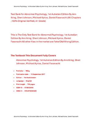 Preview of Test Bank For Abnormal Psychology, 1st Autralian Edition By Ann Kring, Sheri Johnson, Mich