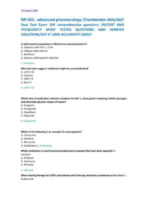 Preview image for NR 565 - advanced pharmacology Chamberlain 2026/2027  final Test Exam 100 comprehensive questions |RECENT AND  FREQUENTLY MOST TESTED QUESTIONS AND VERIFIED  SOLUTIONS/GET IT 100% ACCURATE!! 2026!!