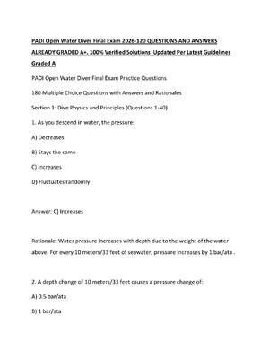 Preview of PADI Open Water Diver Final Exam 2026-120 QUESTIONS AND ANSWERS ALREADY GRADED A+. 100% Ve