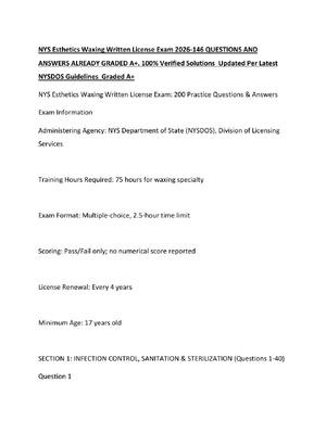 Preview of NYS Esthetics Waxing Written License Exam 2026-146 QUESTIONS AND ANSWERS ALREADY GRADED A+