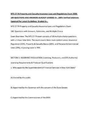 Preview image for NYS 17-74 Property and Casualty Insurance Laws and Regulations Exam 2026-189 QUESTIONS AND ANSWERS ALREADY GRADED A+. 100% Verified Solutions  Updated Per Latest Guidelines  Graded A+..