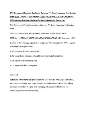 Preview image for NYC Commercial Pesticide Applicator Category 7F - Food Processing Certification Exam 2026-160 QUESTIONS AND DETAILED SOLUTIONS ALREADY GRADED A+.