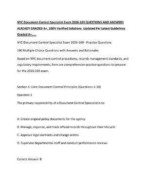 Preview image for NYC Document Control Specialist Exam 2026-169 QUESTIONS AND ANSWERS ALREADY GRADED A+. 100% Verified Solutions  Updated Per Latest Guidelines  Graded A+.....