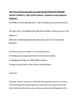 Preview of NYC Child and Family Specialist Exam 2026-160 QUESTIONS AND ANSWERS ALREADY GRADED A+. 100