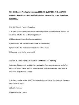 Preview of NSG 552 Exam 2 Psychopharmacology 2026-193 QUESTIONS AND ANSWERS ALREADY GRADED A+. 100% V