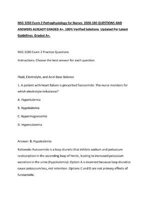 Preview of NSG 3280 Exam 2 Pathophysiology for Nurses  2026-180 QUESTIONS AND ANSWERS ALREADY GRADED