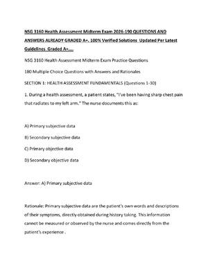 Preview of NSG 3160 Health Assessment Midterm Exam 2026-190 QUESTIONS AND ANSWERS ALREADY GRADED A+.