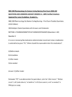 Preview image for NRG 200 Pharmacology for Human Caring Nursing Final Exam 2026