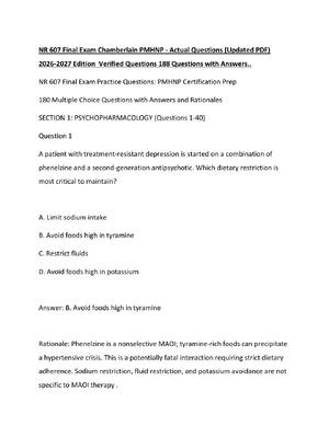 Preview image for NR 607 Final Exam Chamberlain PMHNP - Actual Questions (Updated PDF)  2026-2027 Edition  Verified Questions 188 Questions with Answers..