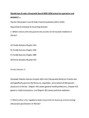 Preview image for Florida laws & rules chiropractic board 2025-2026 actual test questions and answers!! ...