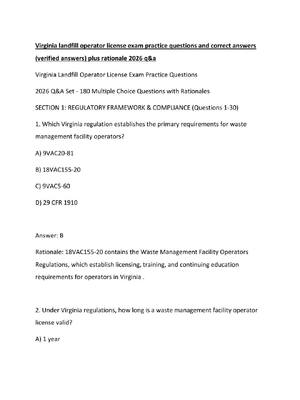 Preview of Virginia landfill operator license exam practice questions and correct answers