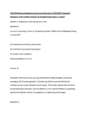 Preview of VATI RN Maternal-Newborn Assessment Questions 2026-2027-Complete Questions with Verified A