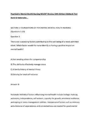 Preview of Psychiatric Mental Health Nursing NCLEX® Review 10th Edition Videbeck Test Bank & Rational