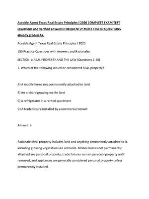 Preview of Aceable Agent Texas Real Estate Principles I 2026 COMPLETE EXAM TEST