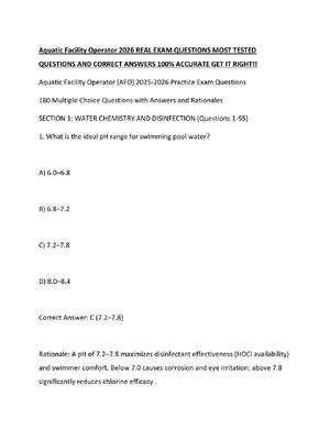 Preview of Aquatic Facility Operator 2026 REAL EXAM QUESTIONS MOST TESTED QUESTIONS AND CORRECT ANSWE