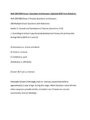Preview of NUR 203 PEDS Exam 1 Questions And Answers Updated 2026 Tests Rated A