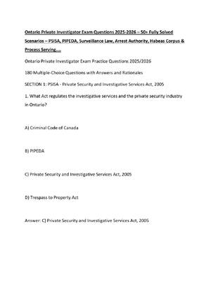 Preview of Ontario Private Investigator Exam Questions 2025-2026 – 50+ Fully Solved Scenarios – PSISA