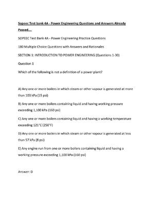 Preview of Sopeec Test bank 4A - Power Engineering Questions and Answers Already Passed....
