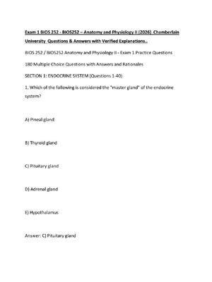 Preview of Exam 1 BIOS 252 - BIOS252 – Anatomy and Physiology II (2026)  Chamberlain University  Ques
