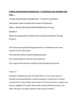 Preview of FLORIDA JURISPRUDENCE EXAMINATION – PT QUESTIONS AND ANSWERS 100% PASS.....