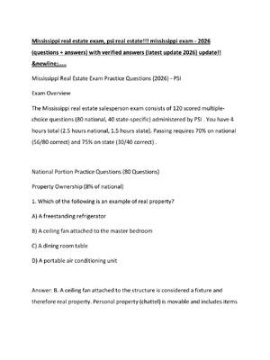 Preview of Mississippi real estate exam, psi real estate!!! mississippi exam - 2026 (questions + answ