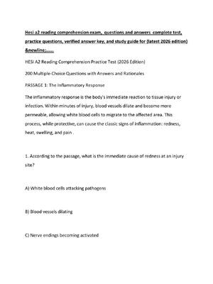 Preview of Hesi a2 reading comprehension exam,  questions and answers  complete test, practice questi