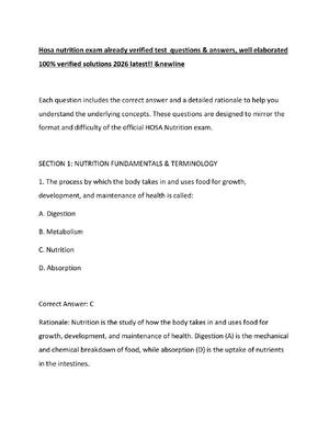 Preview of Hosa nutrition exam already verified test  questions & answers, well elaborated  100% veri