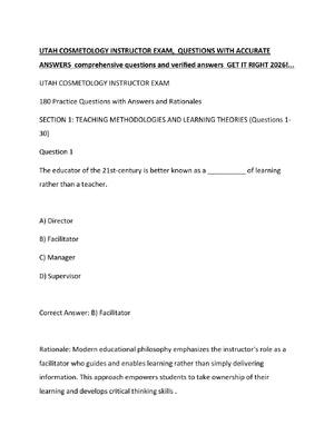 Preview of UTAH COSMETOLOGY INSTRUCTOR EXAM,  QUESTIONS WITH ACCURATE ANSWERS  comprehensive question
