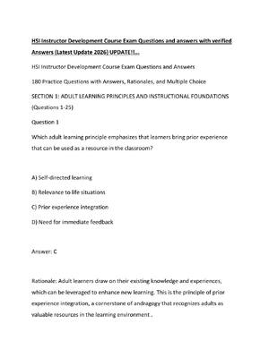 Preview of HSI Instructor Development Course Exam Questions and answers with verified Answers