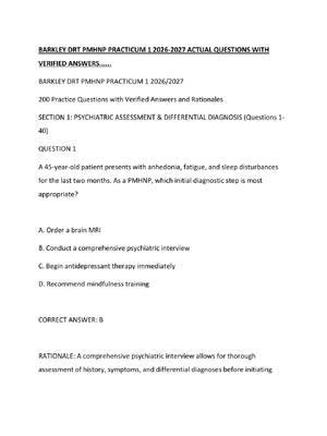 Preview of BARKLEY DRT PMHNP PRACTICUM 1 2026-2027 ACTUAL QUESTIONS WITH VERIFIED ANSWERS......