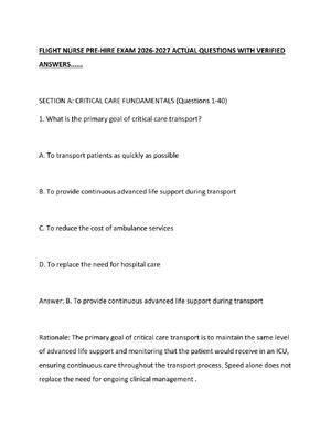 Preview of FLIGHT NURSE PRE-HIRE EXAM 2026-2027 ACTUAL QUESTIONS WITH VERIFIED ANSWERS......